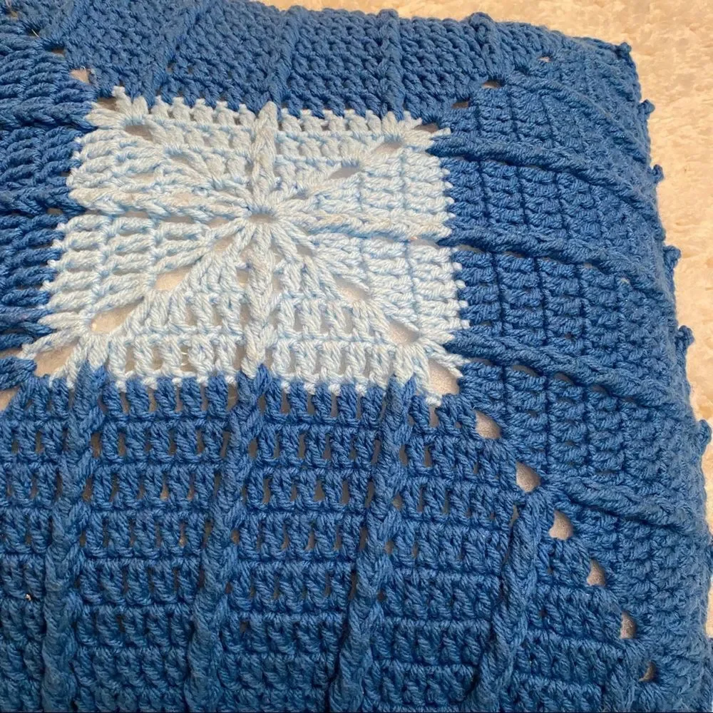 Vintage retro crochet throw pillow accent home decor blue geometric square